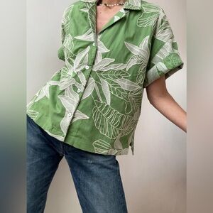 Oysho Leaf Embroidered Green Button Down Shirt US XS